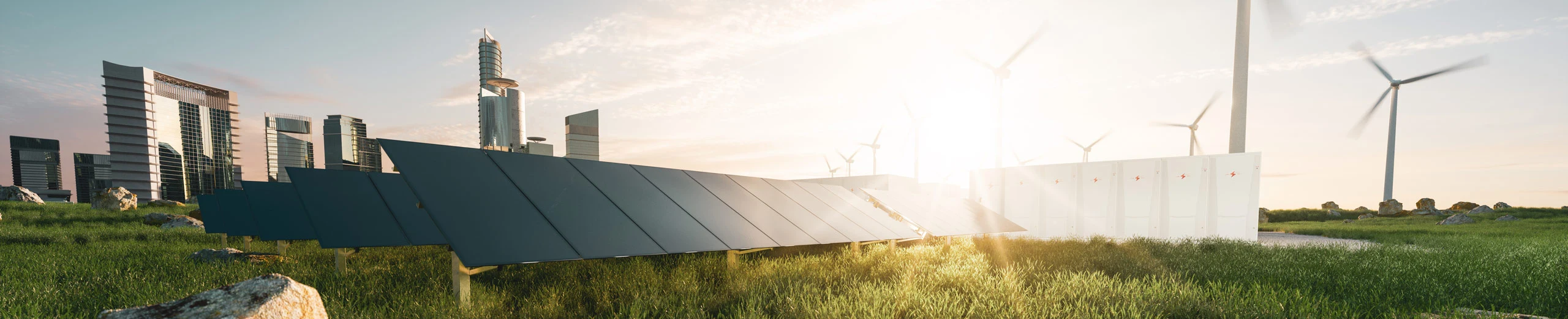 Eine grüne Wiese mit Windrädern im Hintergrund, vor der untergehenden Sonne