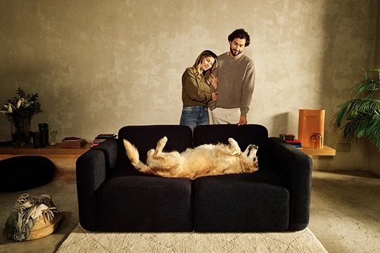 ein Paar steht vor einer schwarzen Couch auf der ein beiger Hund am RÃ¼cken liegt