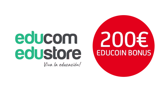 educom, edustore Logo und roter StÃ¶rer 200 Euro Educoin Bonus