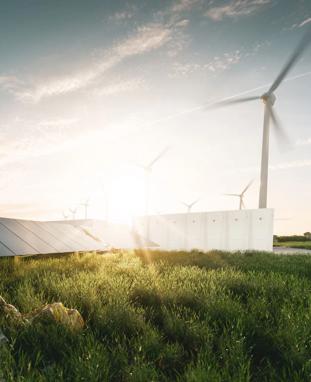 Eine grüne Wiese mit Windrädern im Hintergrund, vor der untergehenden Sonne