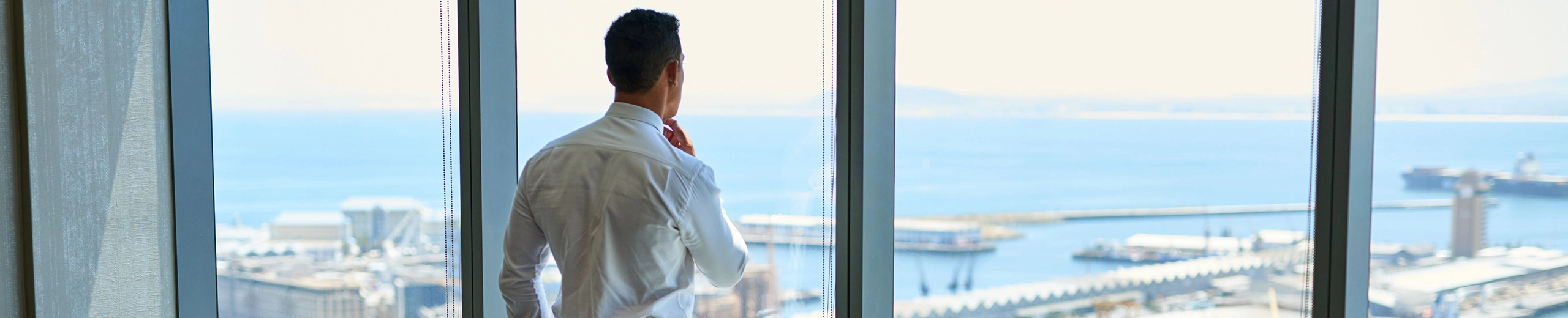 Geschäftsmann steht in seinem Büro und schaut aus dem Fenster