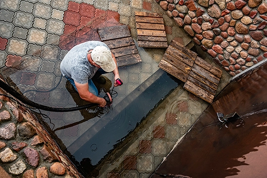 Ein Mann pumpt Wasser aus