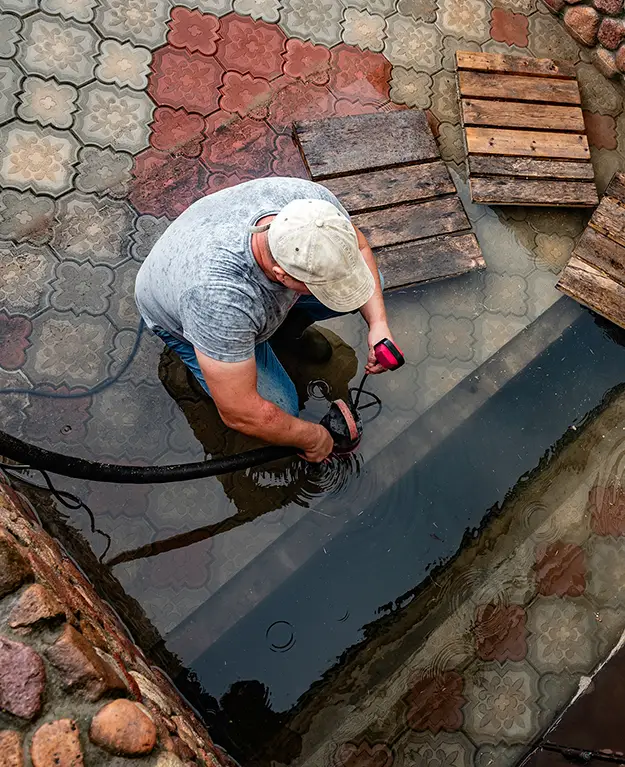 ein Mann pumpt Wasser heraus