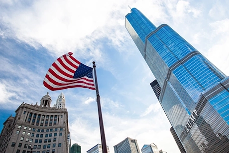 USA flag in front of the Trump tower