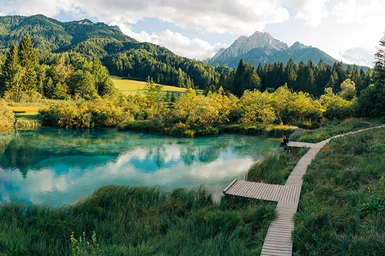 Ein See zwischen Wiesen und Wäldern