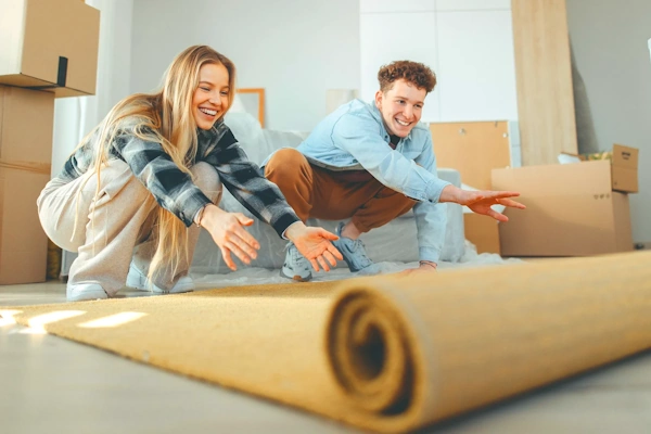 Ein junges Paar rollt den neuen Teppich in der Wohnung aus