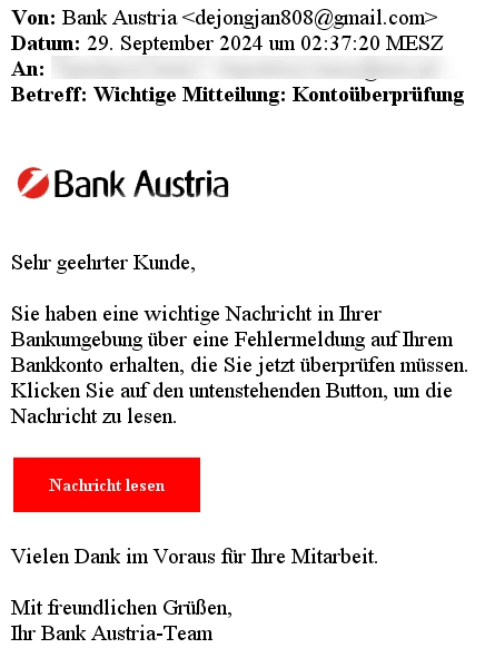 Phishing Fehlermeldung Konto