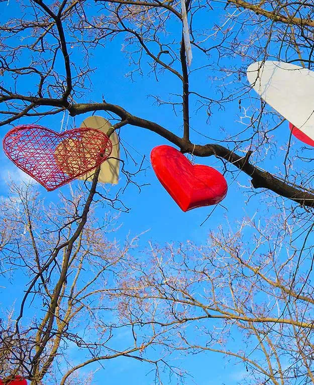 Viele Bunte Herzen auf einem Baum hängend